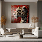 Leopar ve Oryantal Desenli Kırmızı Halı Temalı Lüks Cam Tablo
