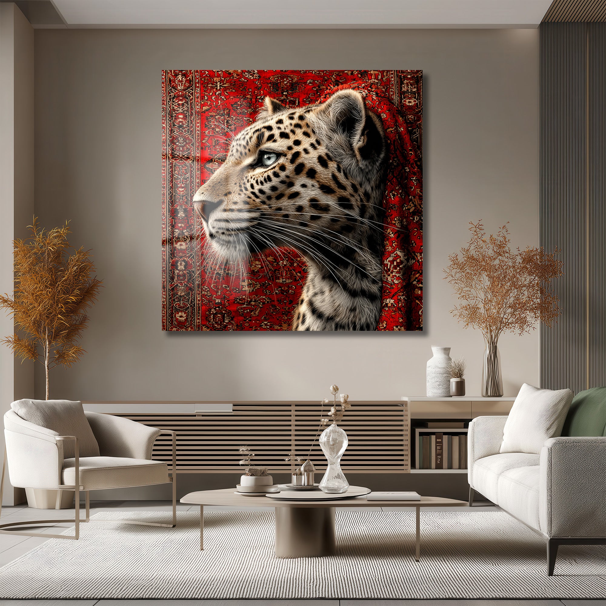 Leopar ve Oryantal Desenli Kırmızı Halı Temalı Lüks Cam Tablo