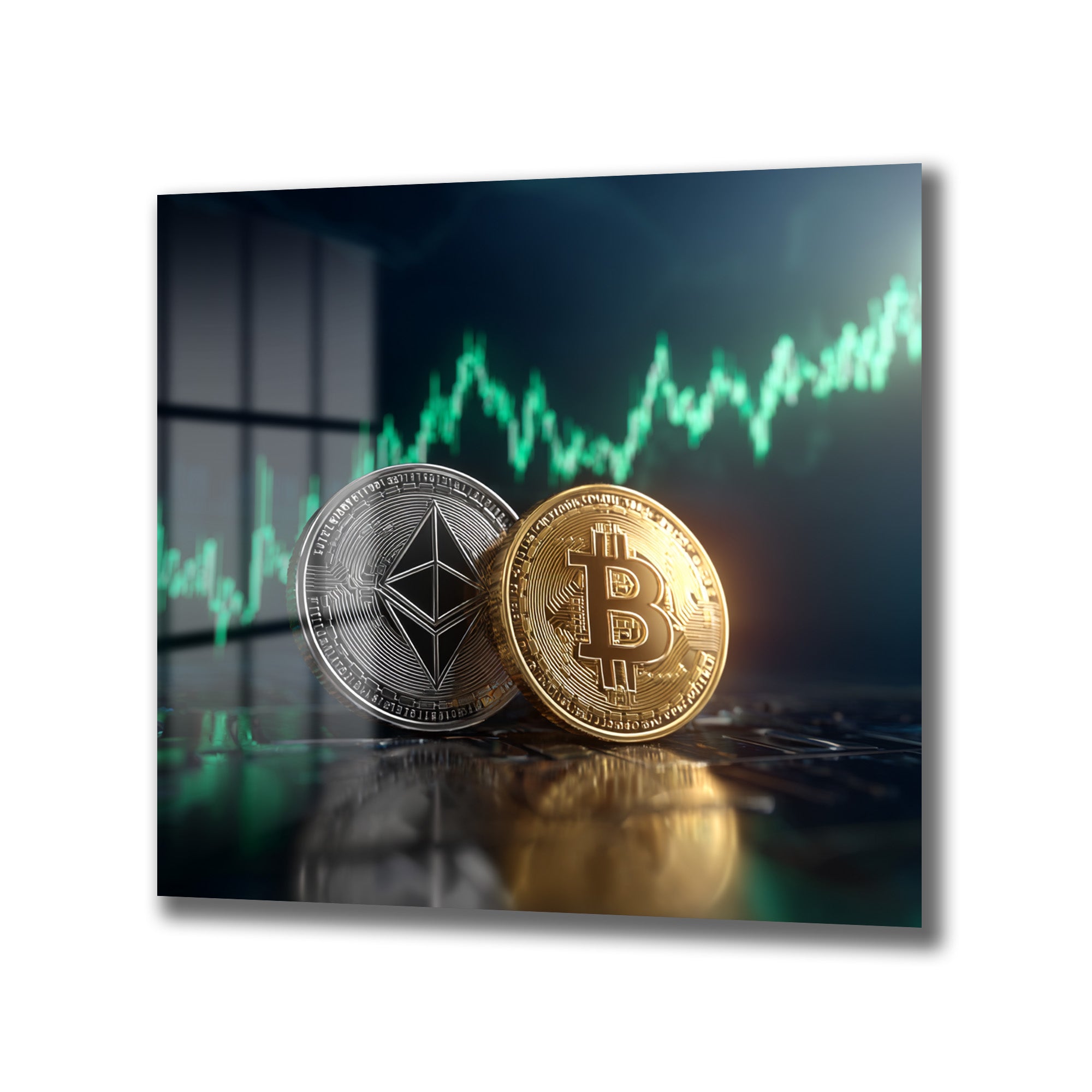 Yeşil renkli borsa grafiklerinin önünde parlayan altın Bitcoin ve gümüş Ethereum kripto para madeni paralarını gösteren modern bir cam tablo.