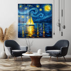 Van Gogh Esintili Yıldızlı Gece Yelkenli Cam Tablo
