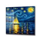 Van Gogh Esintili Yıldızlı Gece Yelkenli Cam Tablo