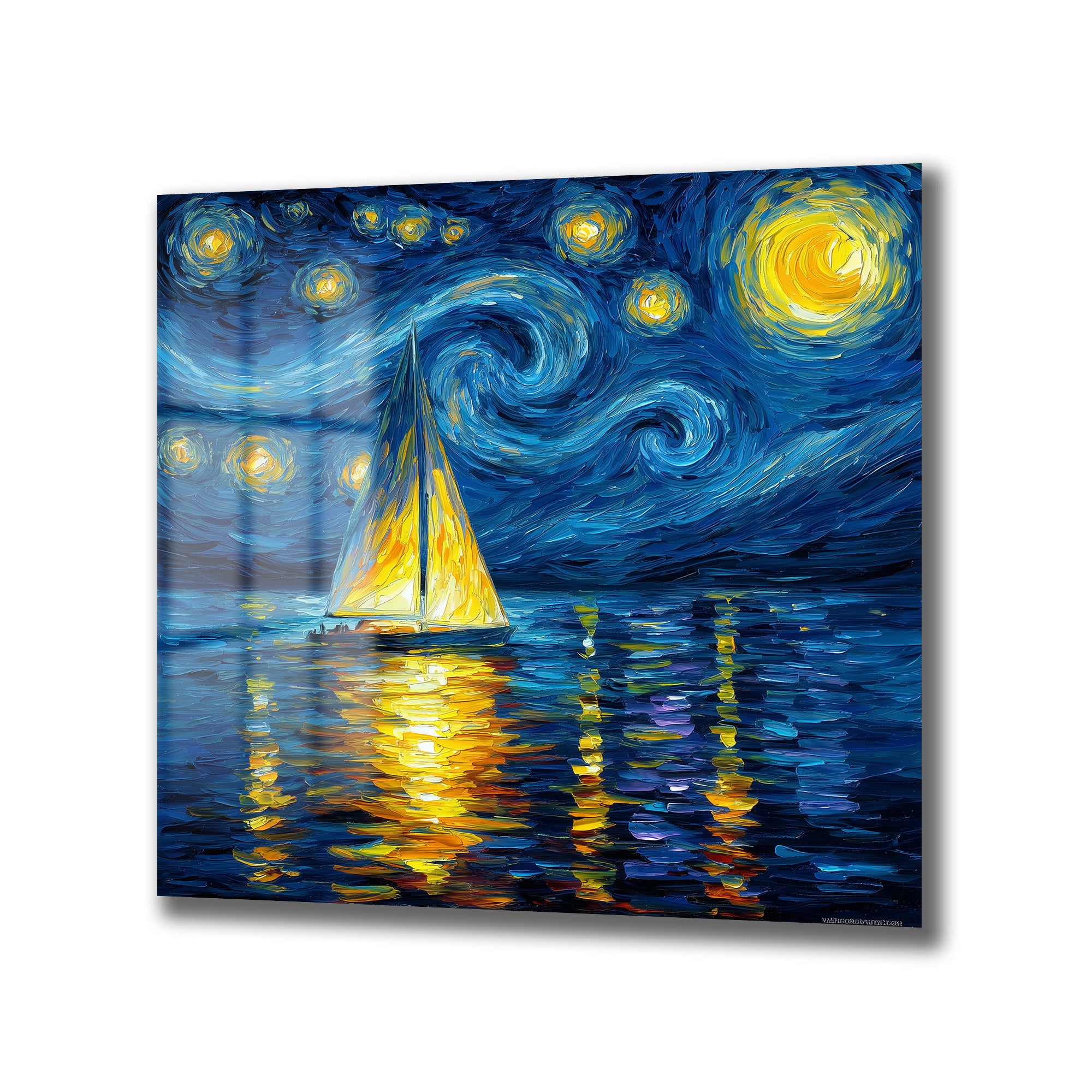 Van Gogh Esintili Yıldızlı Gece Yelkenli Cam Tablo