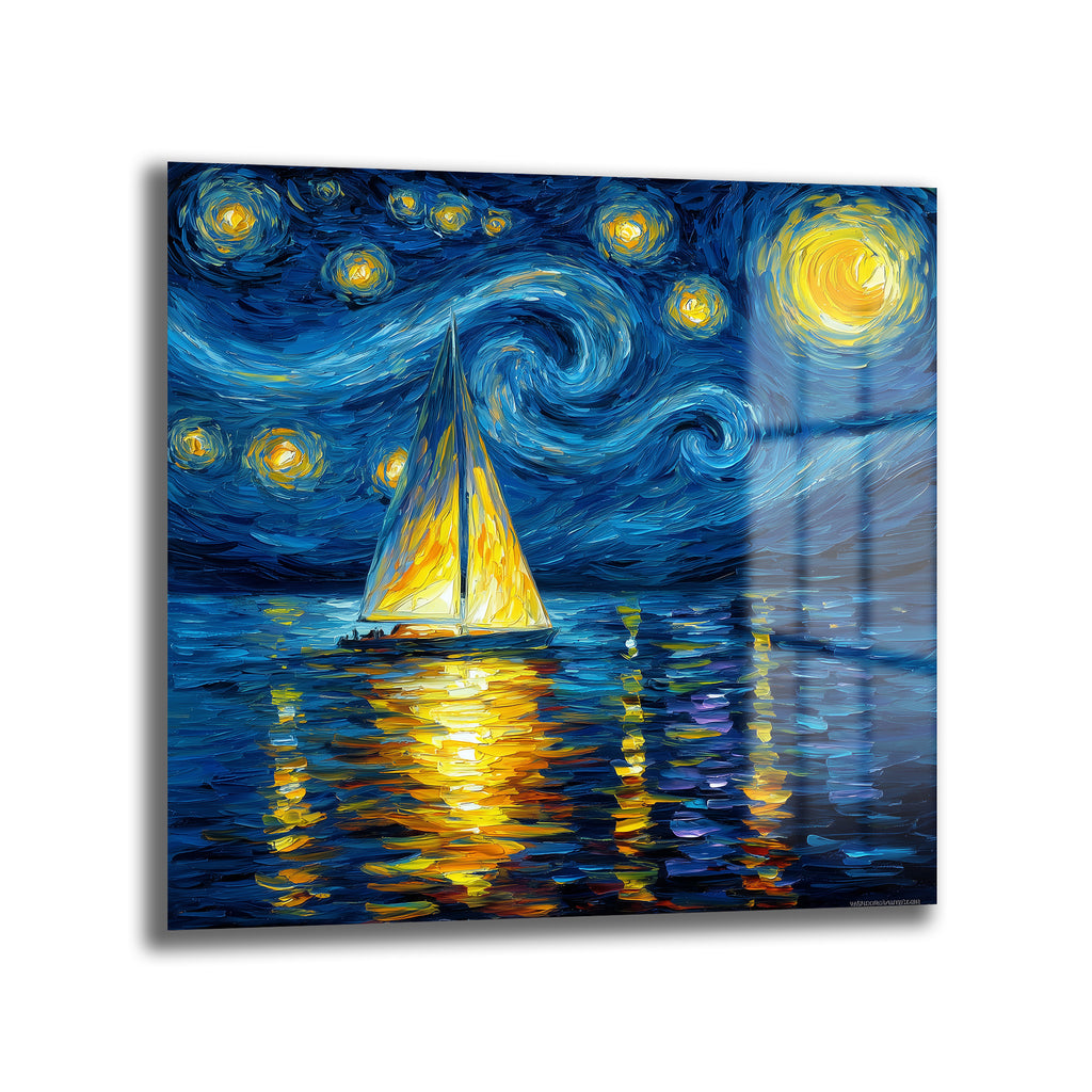 Van Gogh Esintili Yıldızlı Gece Yelkenli Cam Tablo