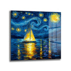 Van Gogh Esintili Yıldızlı Gece Yelkenli Cam Tablo