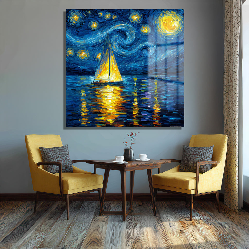Van Gogh Esintili Yıldızlı Gece Yelkenli Cam Tablo