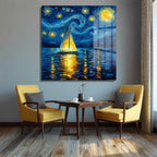 Van Gogh Esintili Yıldızlı Gece Yelkenli Cam Tablo