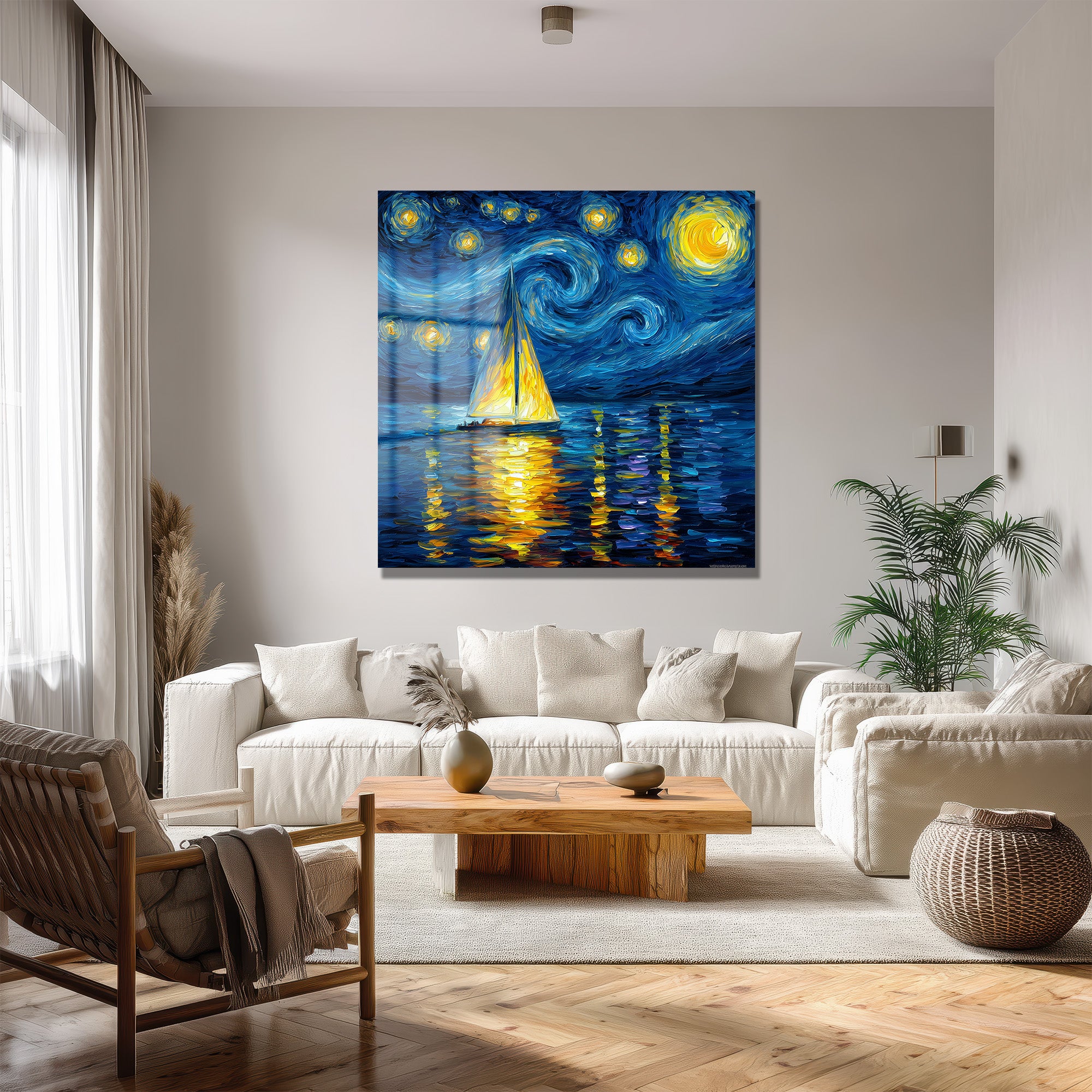Van Gogh Esintili Yıldızlı Gece Yelkenli Cam Tablo