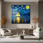 Van Gogh Esintili Yıldızlı Gece Yelkenli Cam Tablo