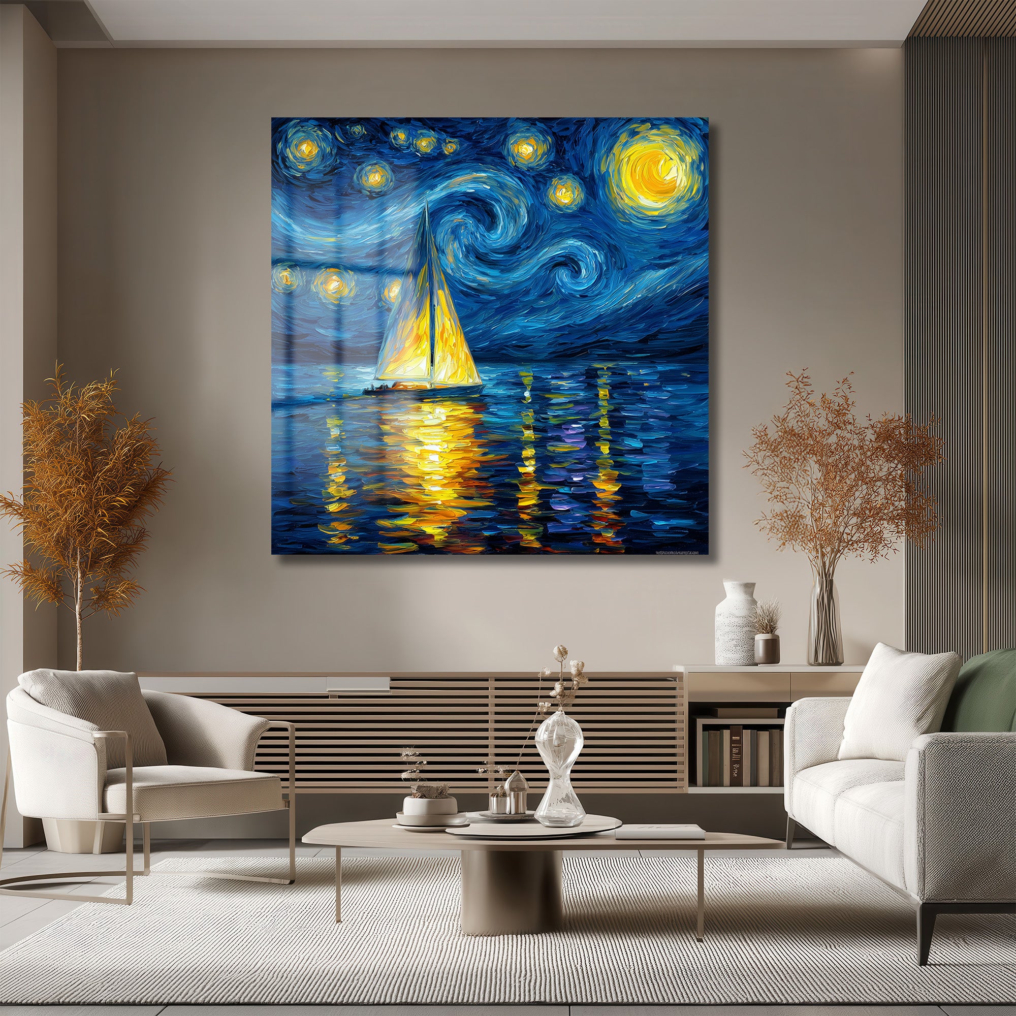 Van Gogh Esintili Yıldızlı Gece Yelkenli Cam Tablo