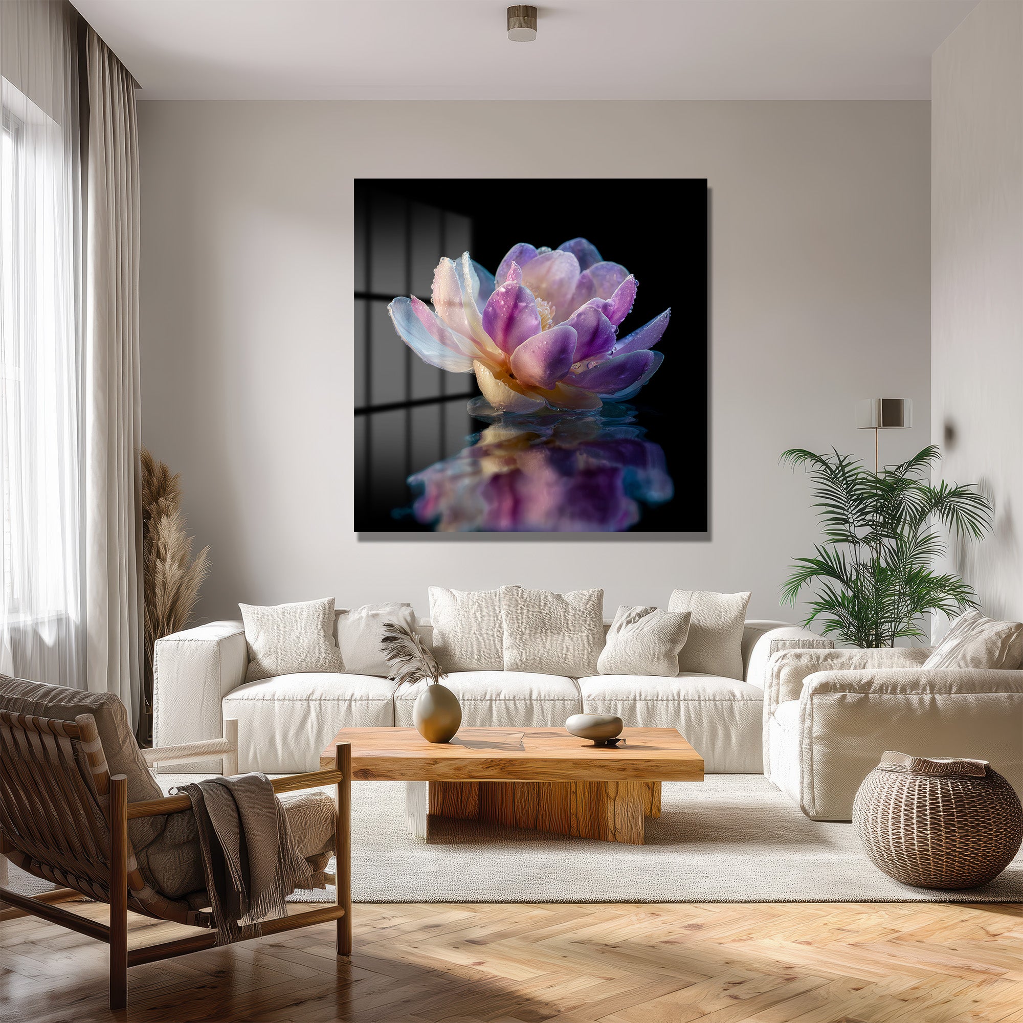 Mor Lotus Çiçeği Su Damlaları Temalı Cam Tablo