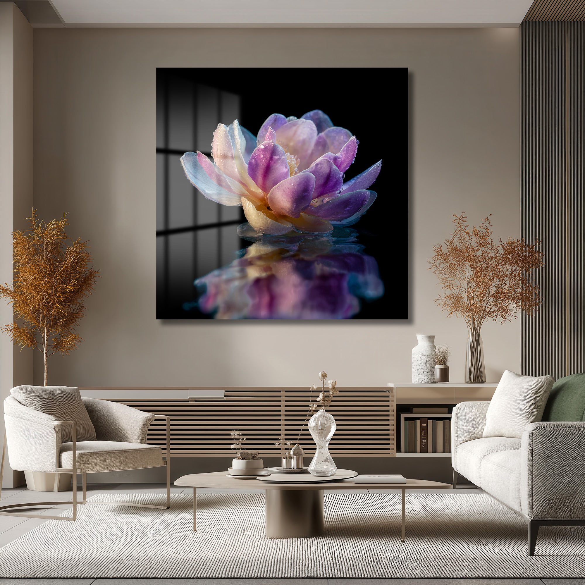 Mor Lotus Çiçeği Su Damlaları Temalı Cam Tablo