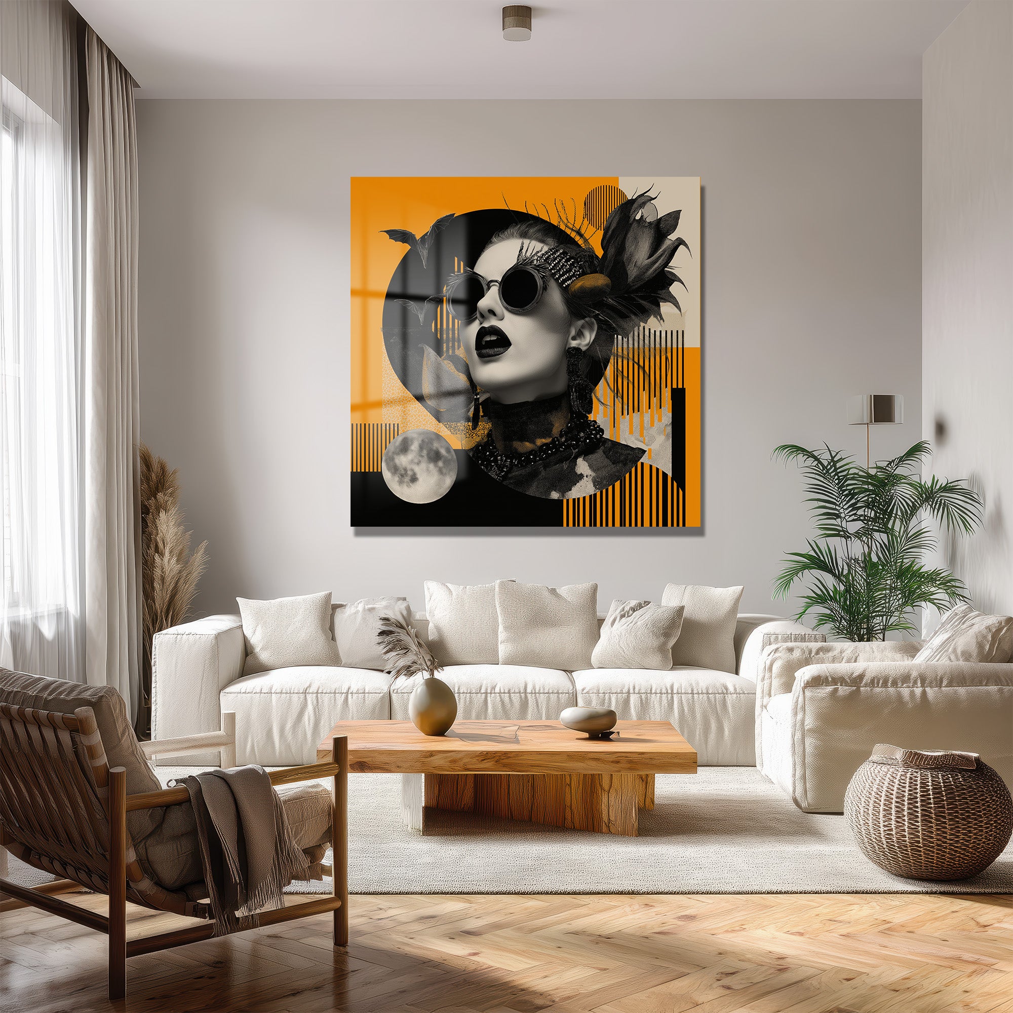 Gizemli Portre: Avant-Garde Turuncu ve Siyah Cam Tablo