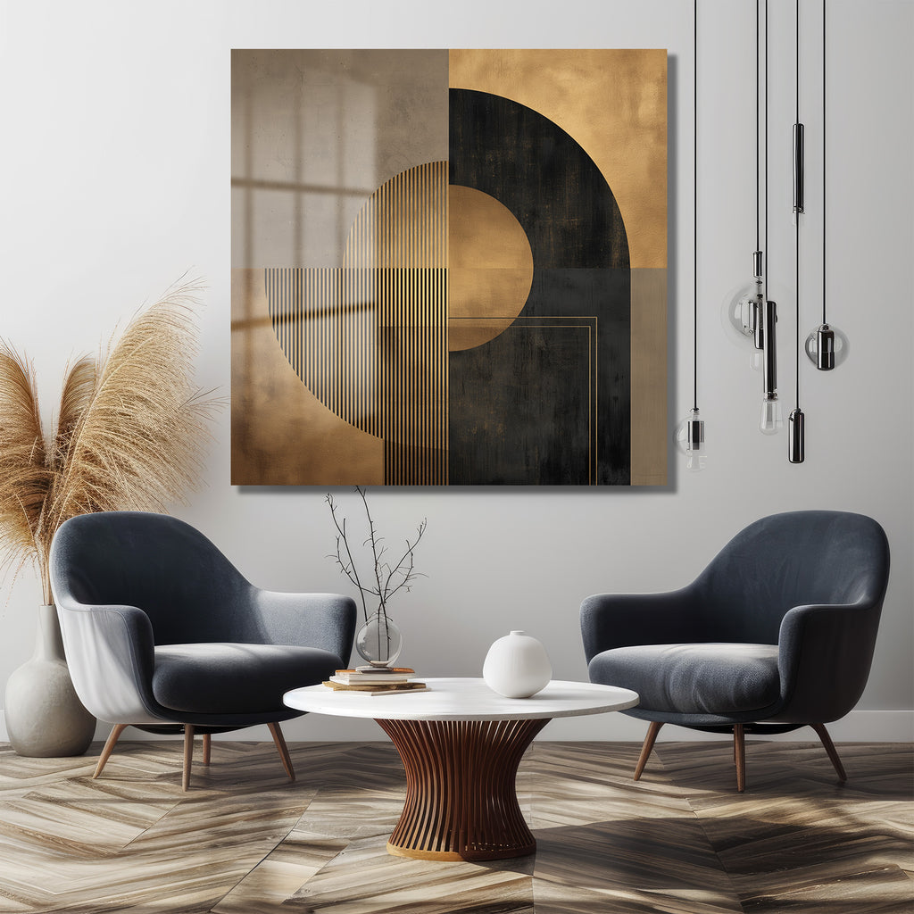 Soyut Geometrik Altın ve Siyah Modern Cam Tablo