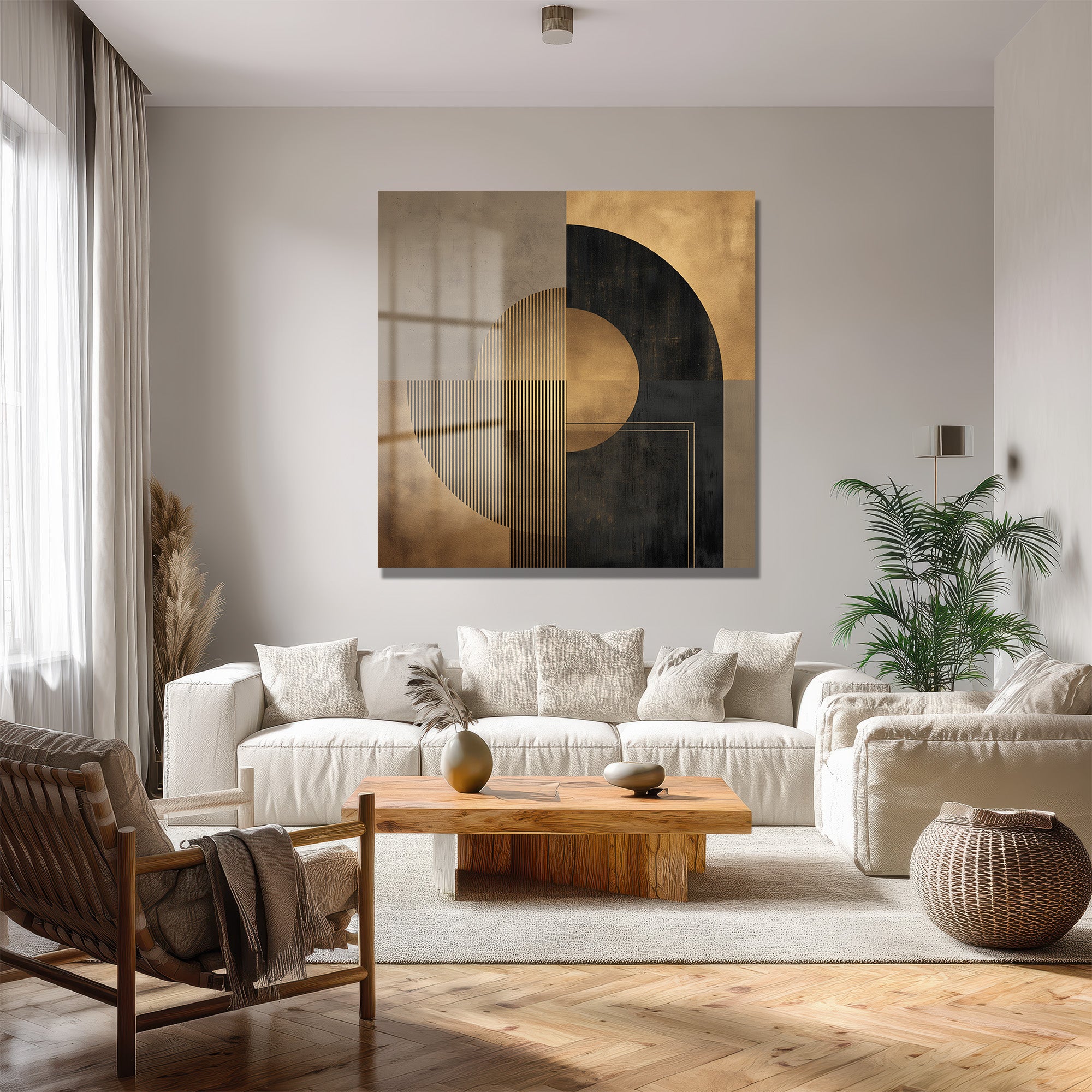 Soyut Geometrik Altın ve Siyah Modern Cam Tablo