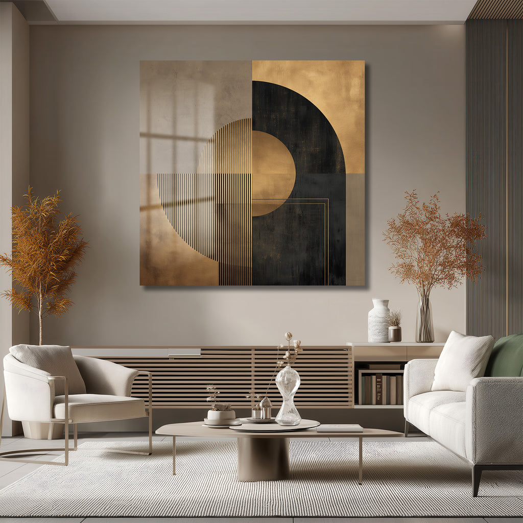 Soyut Geometrik Altın ve Siyah Modern Cam Tablo