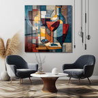 Modern Kübist Şarap Temalı Sanat Cam Tablo