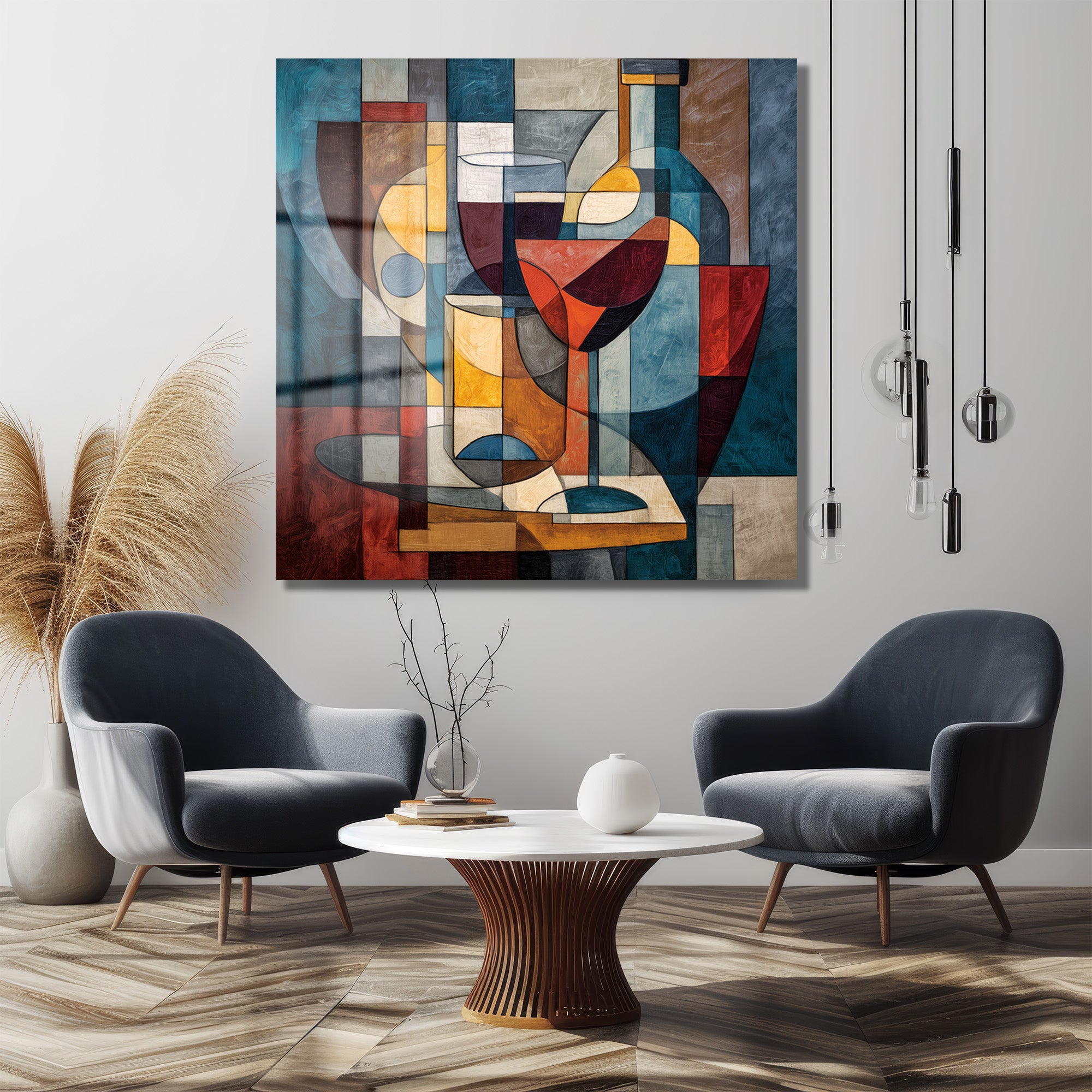 Modern Kübist Şarap Temalı Sanat Cam Tablo