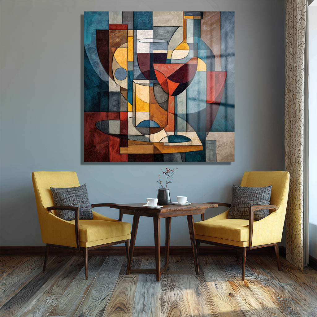 Modern Kübist Şarap Temalı Sanat Cam Tablo