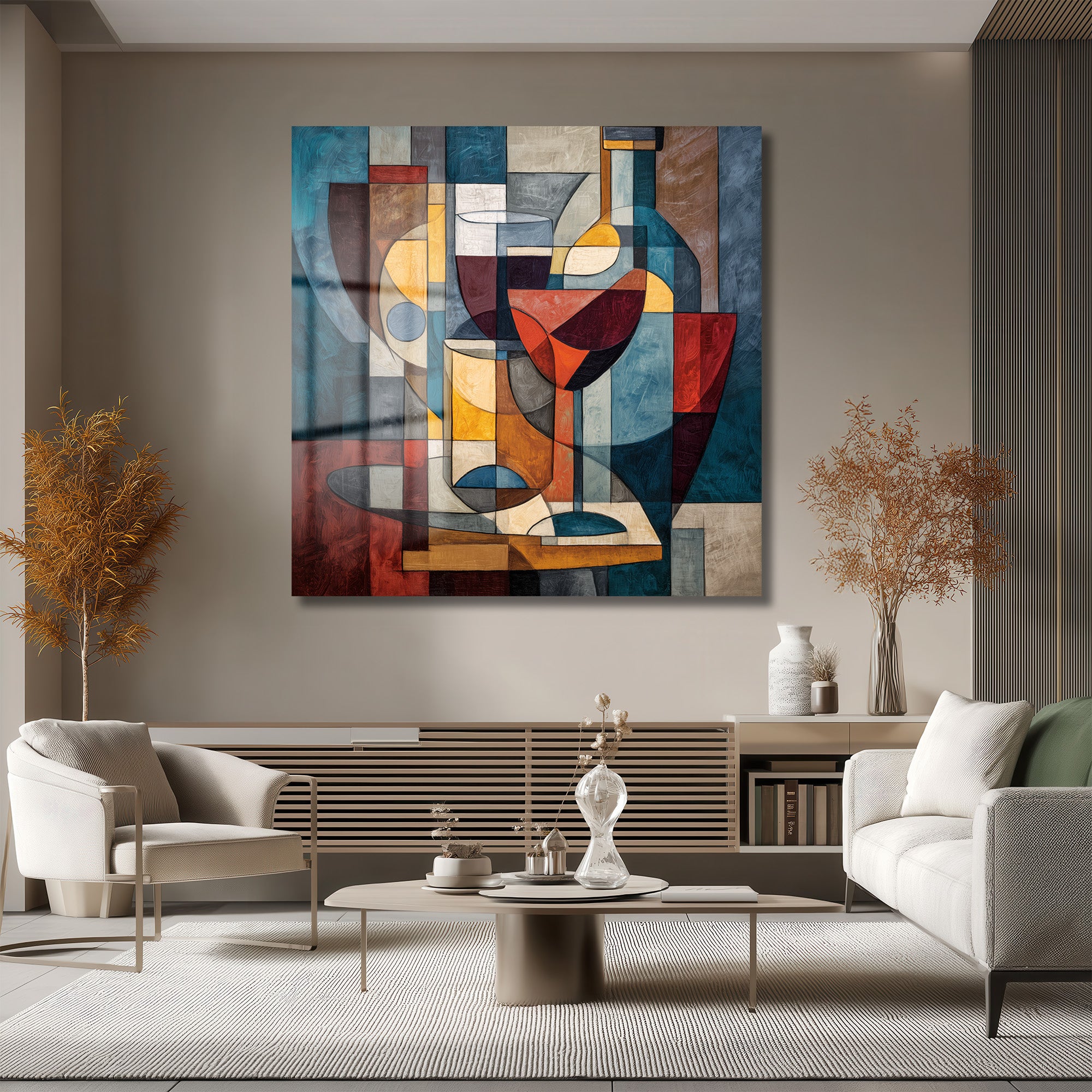 Modern Kübist Şarap Temalı Sanat Cam Tablo