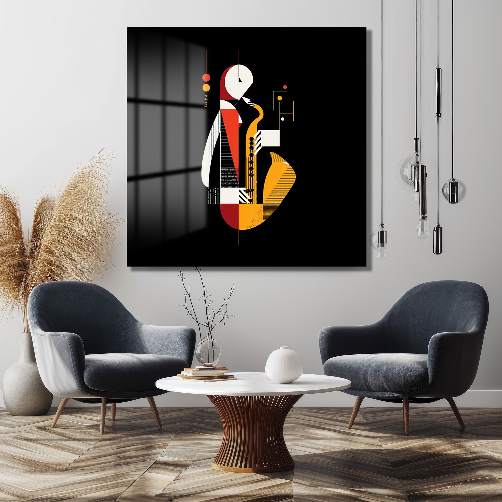 Soyut Caz Saxofoncu Cam Tablo