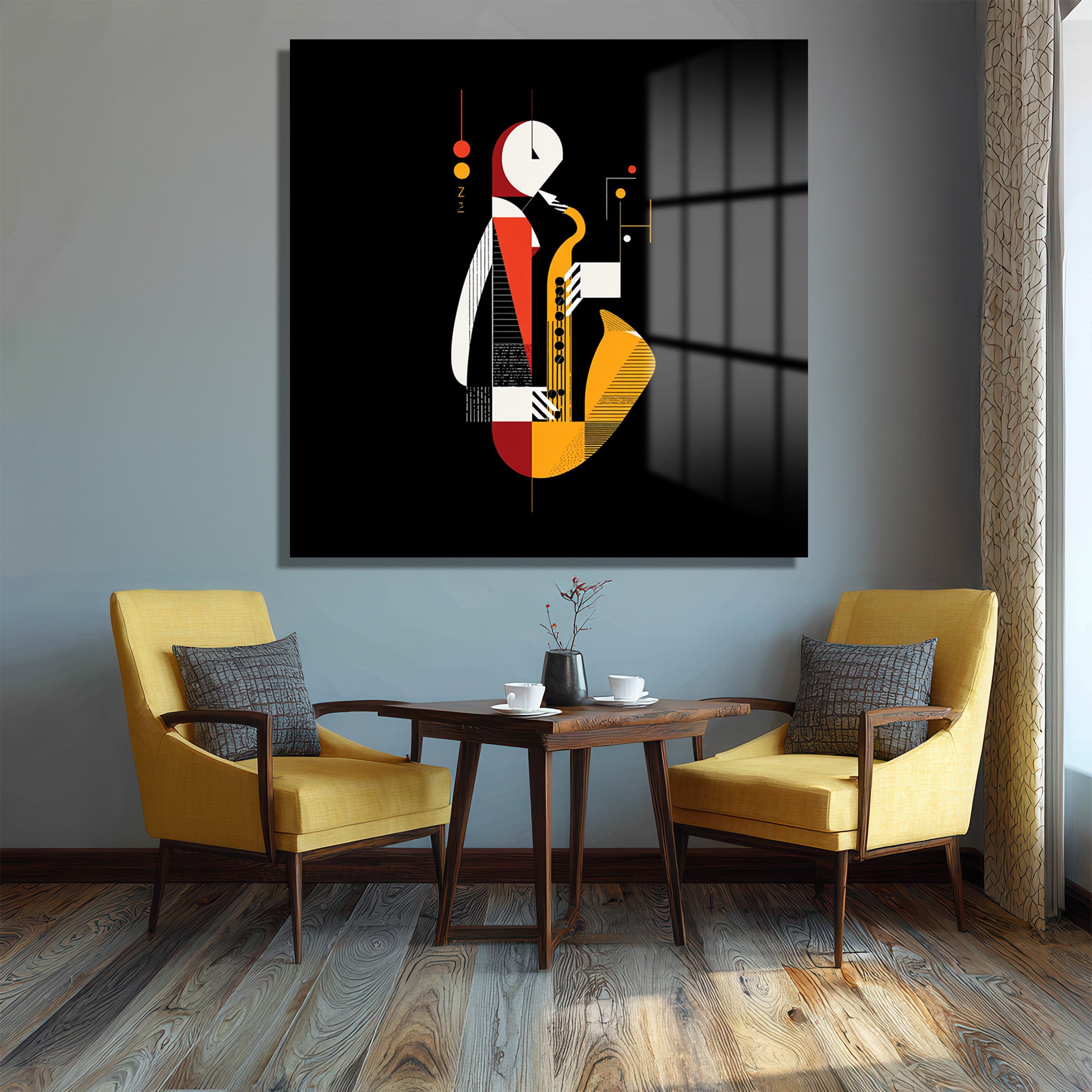 Soyut Caz Saxofoncu Cam Tablo