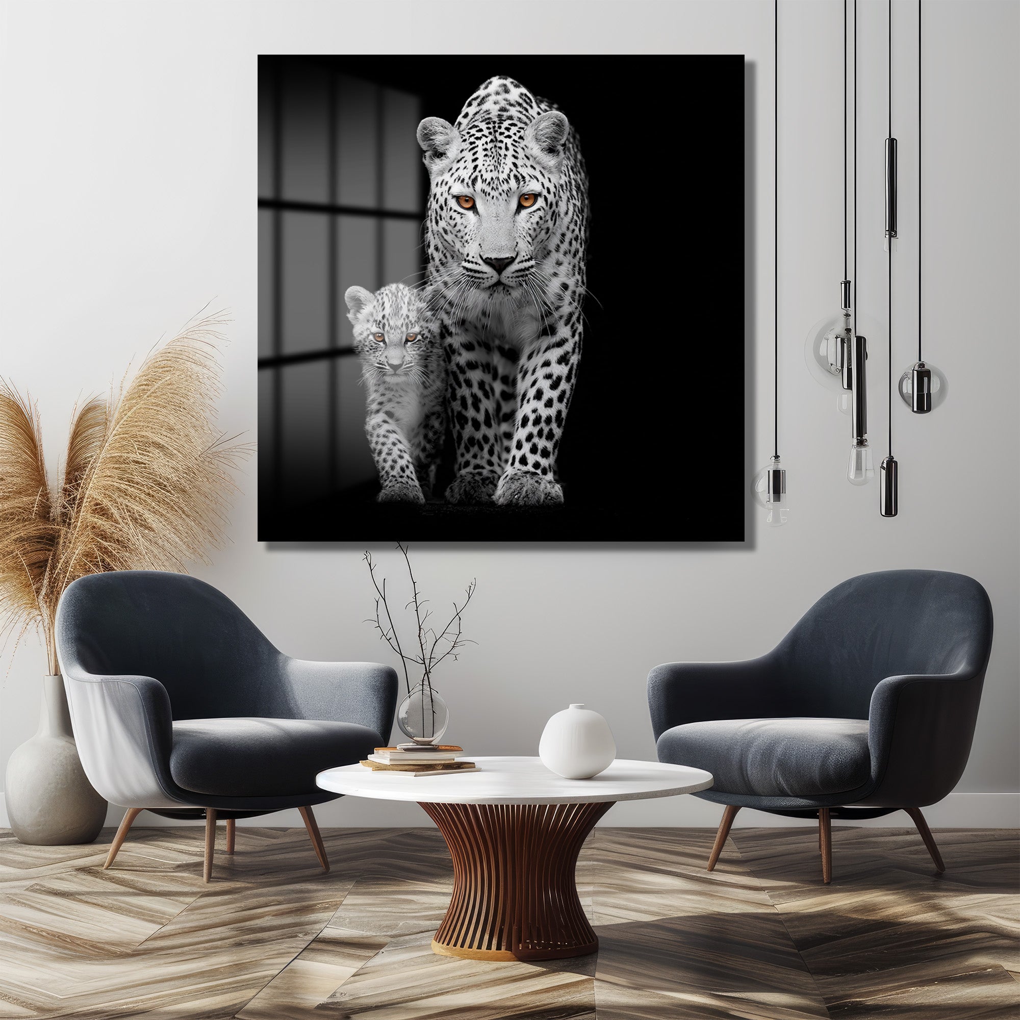 Vahşi Zarafet: Leopar Anne ve Yavru Büyüleyici Gözler Cam Tablo