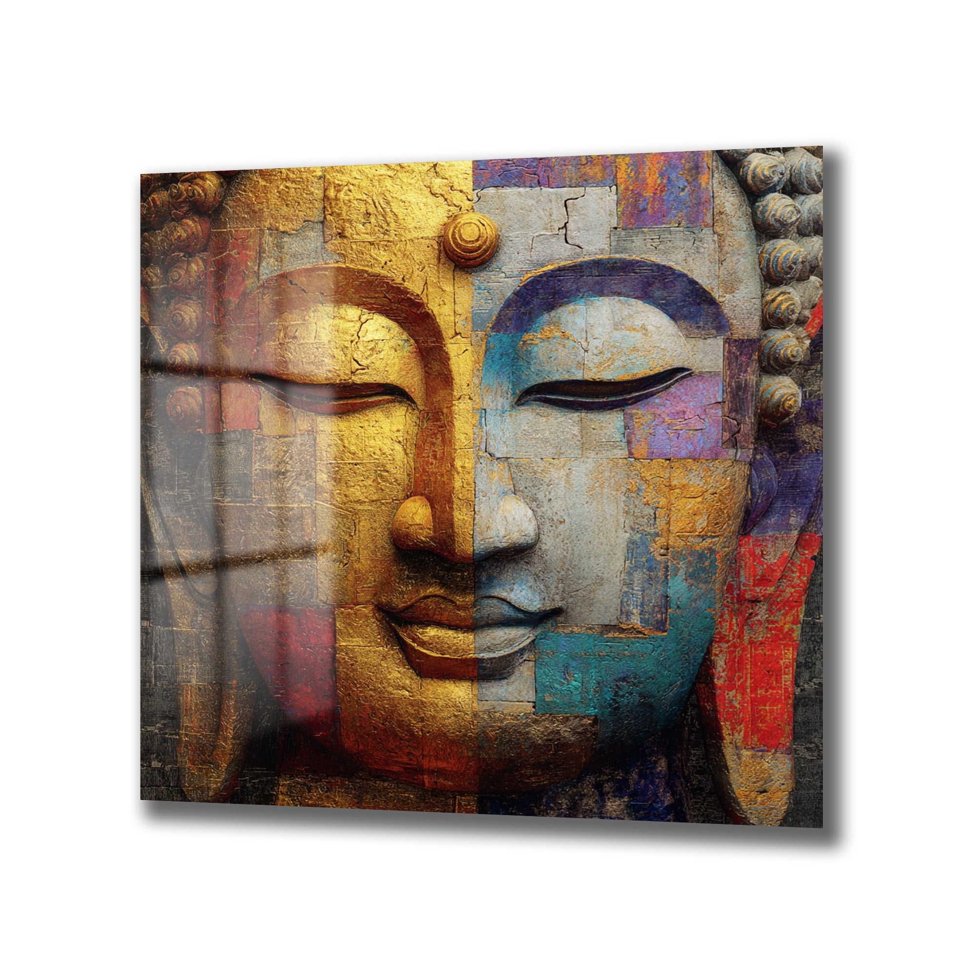 Budha Yüzü Soyut Sanat Cam Tablo - Altın ve Mavi Tonları