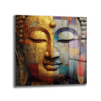 Budha Yüzü Soyut Sanat Cam Tablo - Altın ve Mavi Tonları