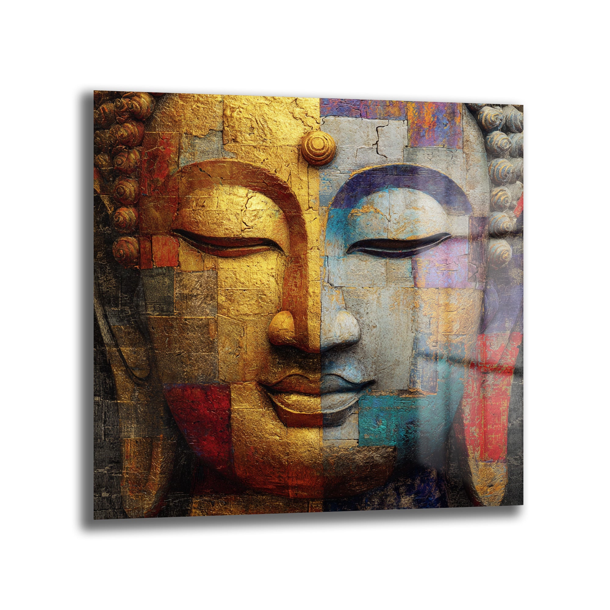 Budha Yüzü Soyut Sanat Cam Tablo - Altın ve Mavi Tonları