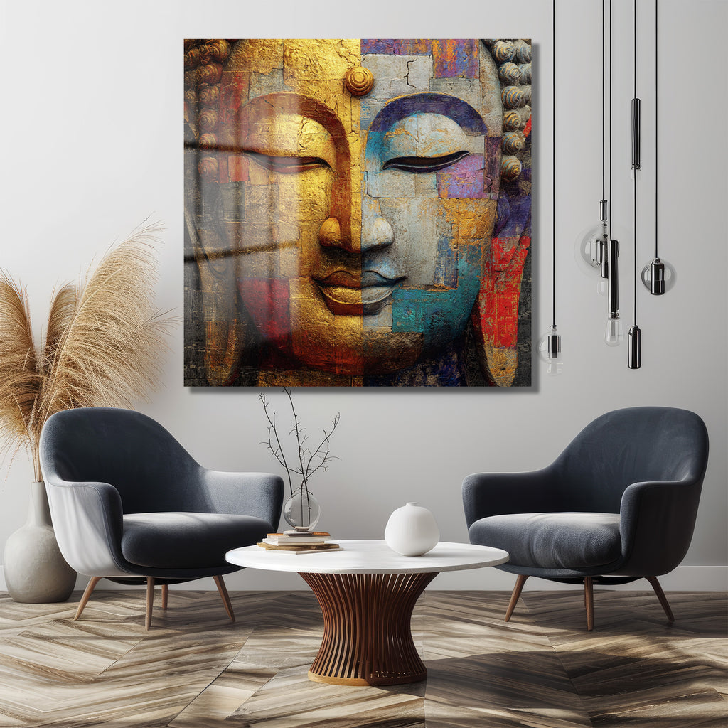Budha Yüzü Soyut Sanat Cam Tablo - Altın ve Mavi Tonları