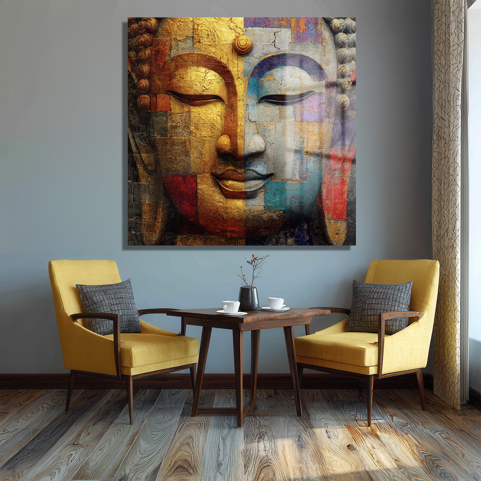 Budha Yüzü Soyut Sanat Cam Tablo - Altın ve Mavi Tonları