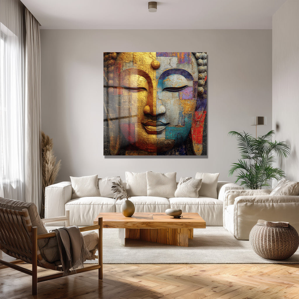 Budha Yüzü Soyut Sanat Cam Tablo - Altın ve Mavi Tonları