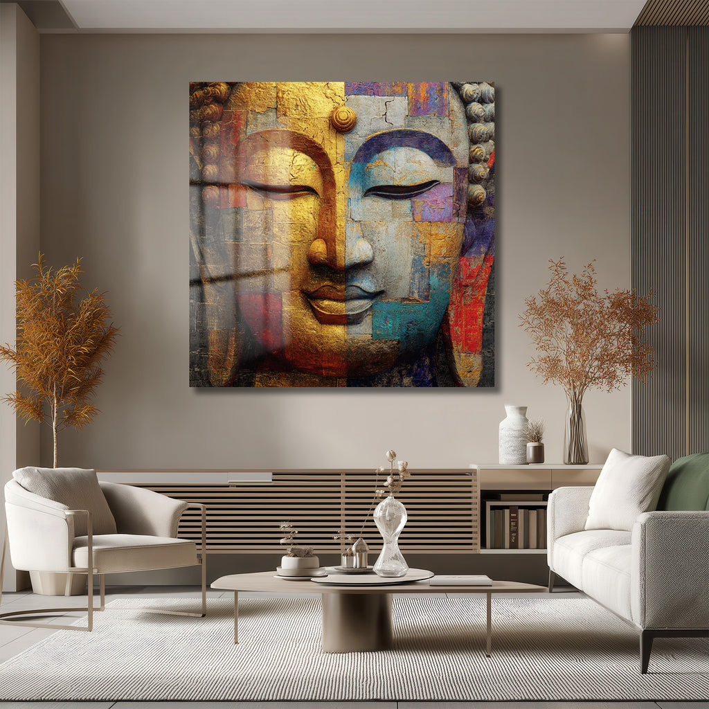 Budha Yüzü Soyut Sanat Cam Tablo - Altın ve Mavi Tonları