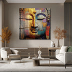Budha Yüzü Soyut Sanat Cam Tablo - Altın ve Mavi Tonları