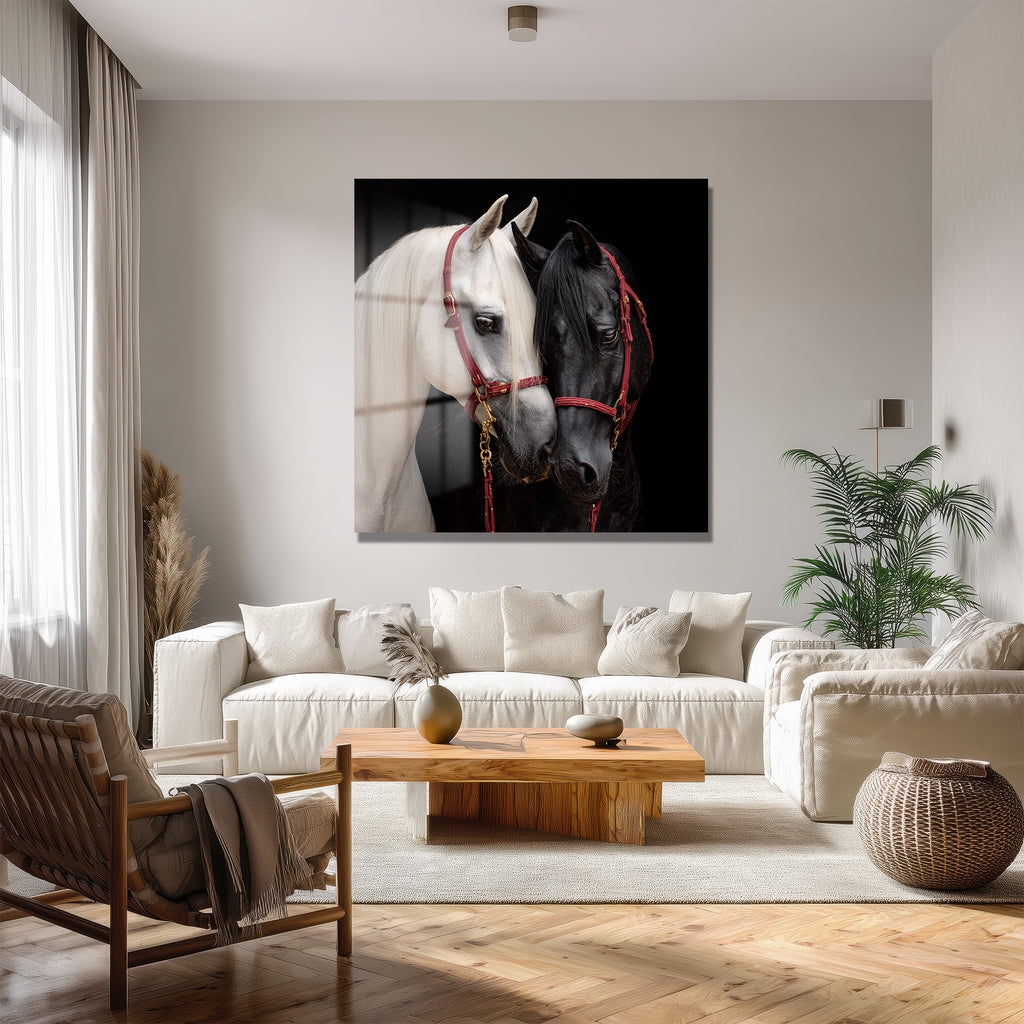 Siyah Beyaz Atlar Cam Tablo: Zıtların Büyüleyici Uyumu