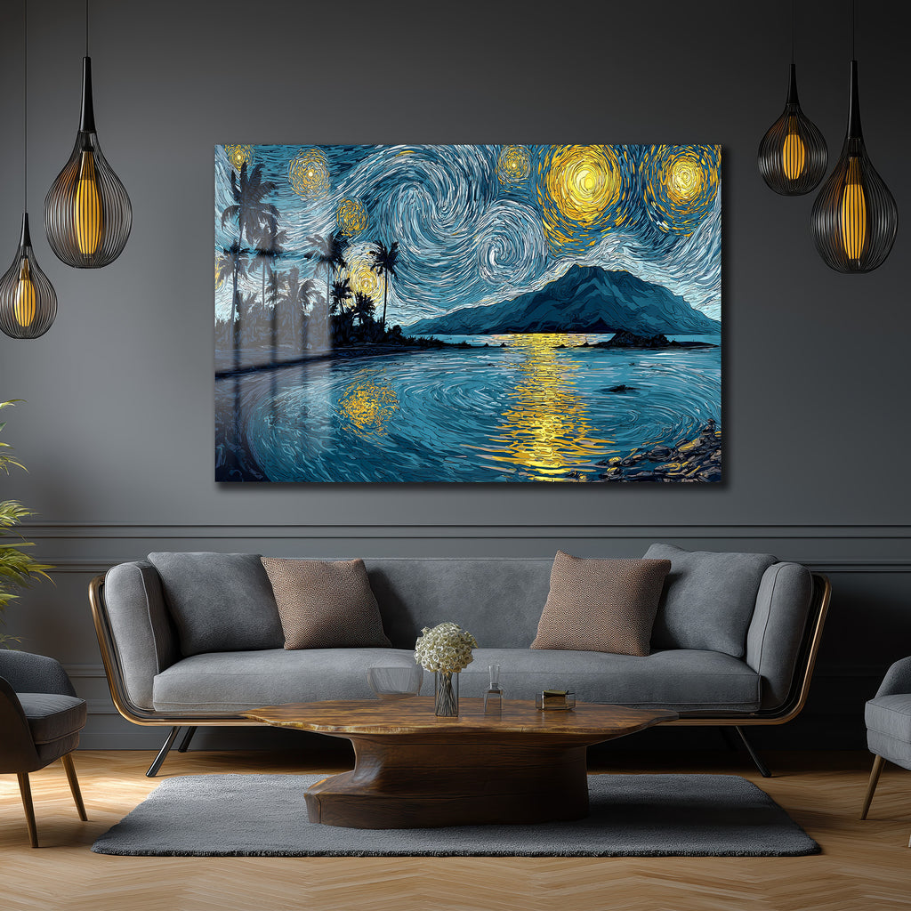 Van Gogh Tarzı Tropik Yıldızlı Gece Manzarası Cam Tablo