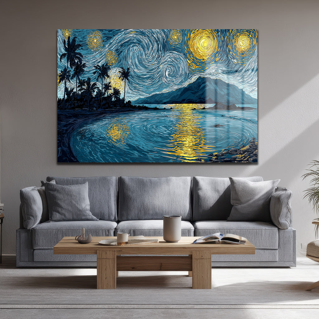 Van Gogh Tarzı Tropik Yıldızlı Gece Manzarası Cam Tablo
