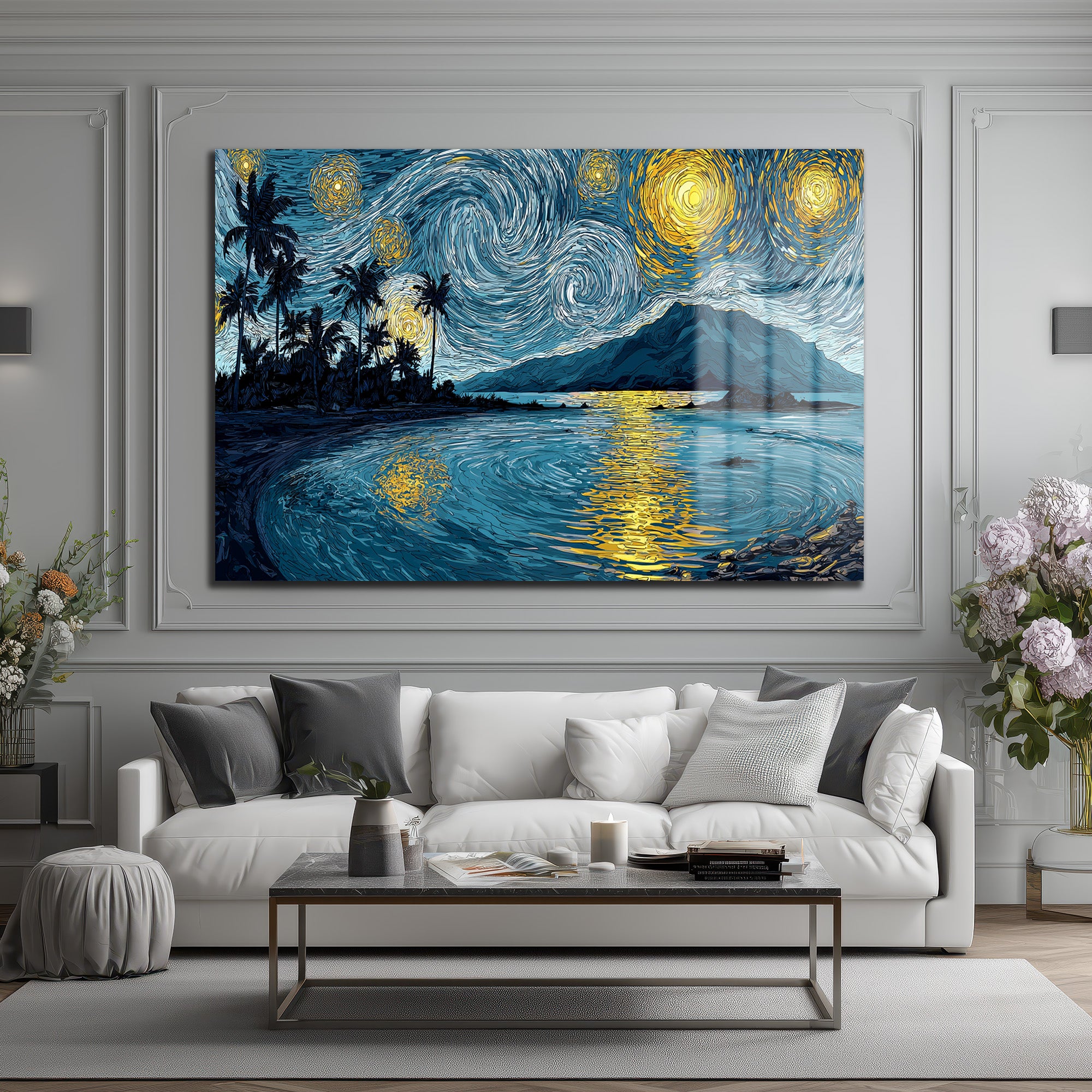 Van Gogh Tarzı Tropik Yıldızlı Gece Manzarası Cam Tablo