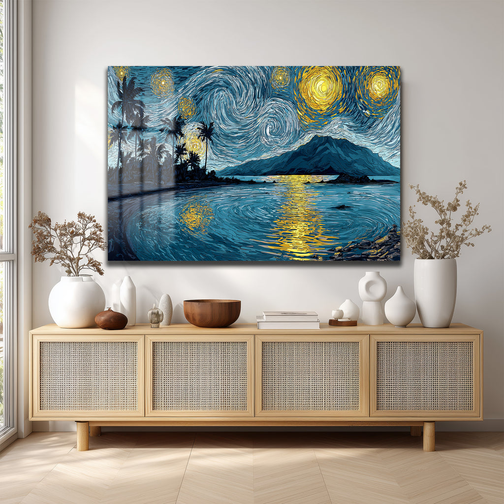 Van Gogh Tarzı Tropik Yıldızlı Gece Manzarası Cam Tablo