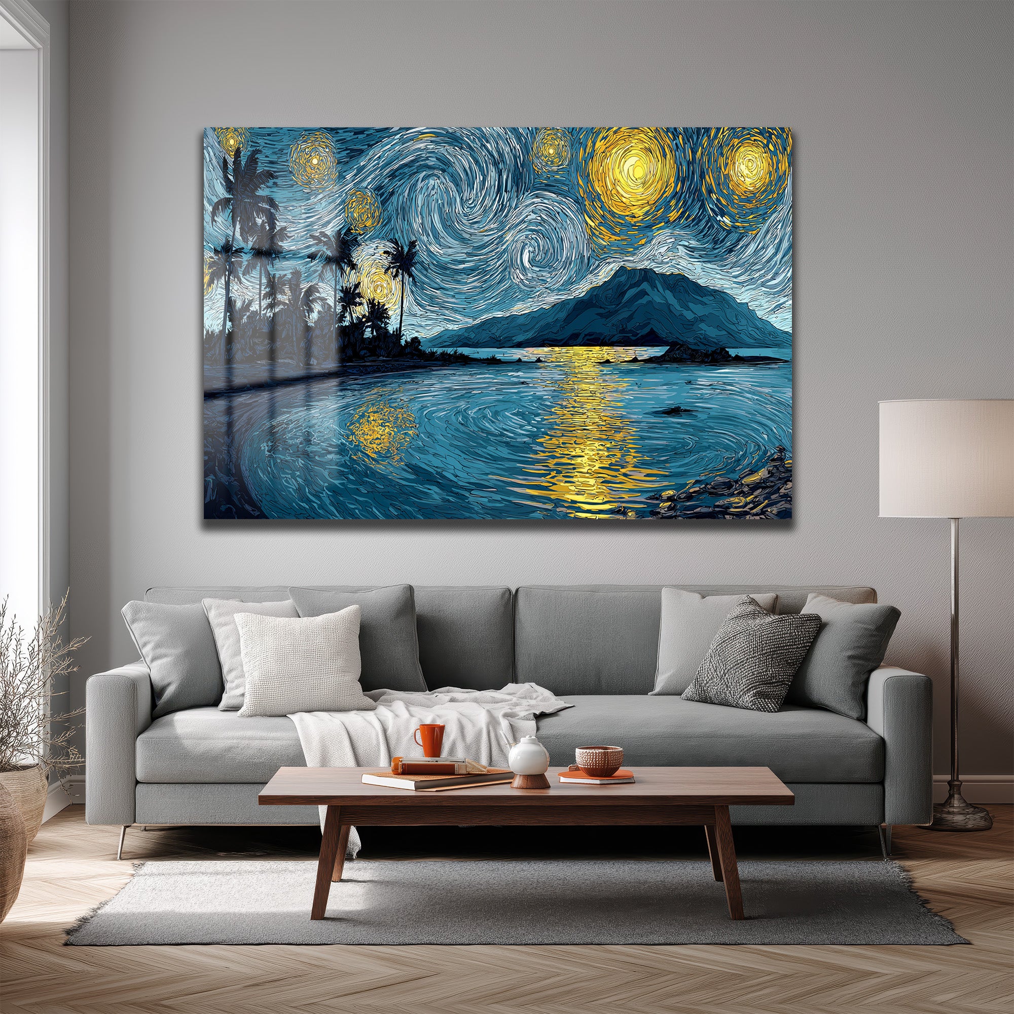 Van Gogh Tarzı Tropik Yıldızlı Gece Manzarası Cam Tablo