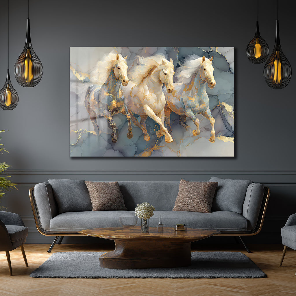 Asil Atlar ve Altın Damarlar Modern Cam Tablo