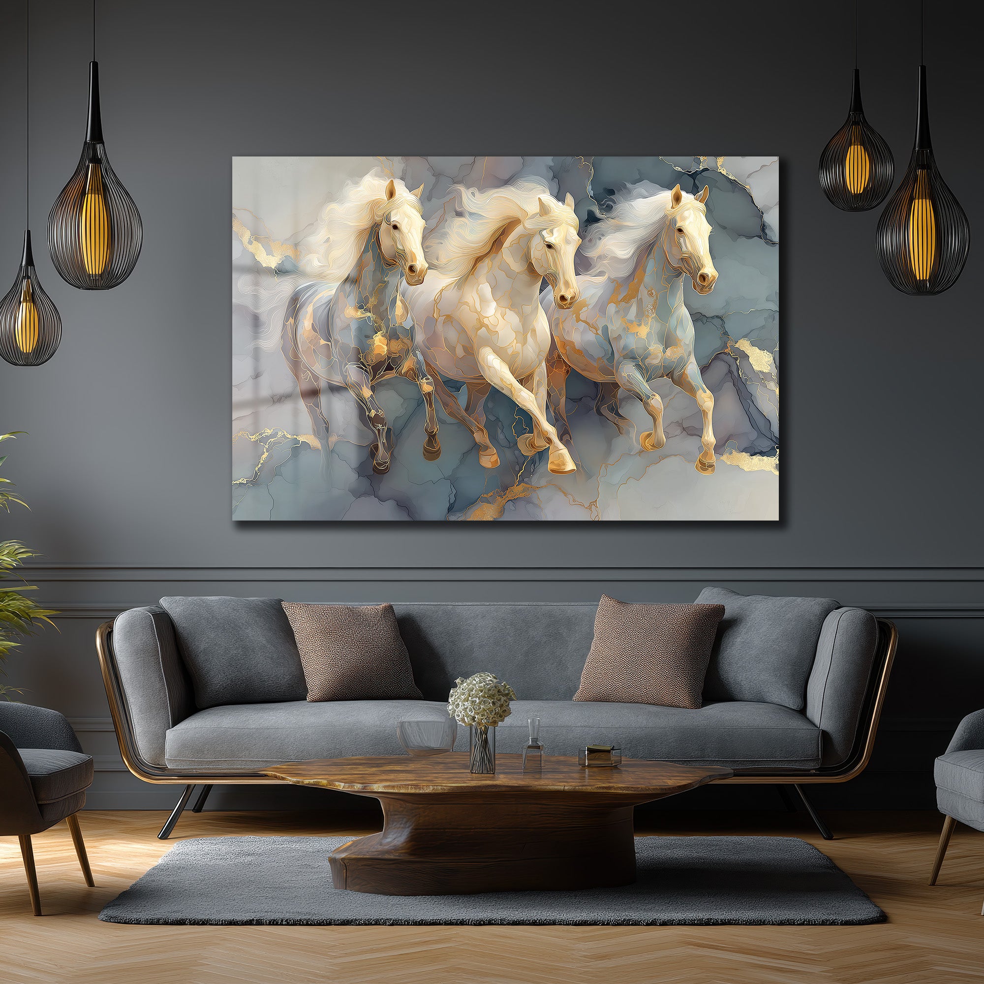 Asil Atlar ve Altın Damarlar Modern Cam Tablo