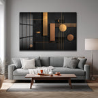 Altın ve Siyah Soyut Geometrik Cam Tablo - Lüks Duvar Sanatı