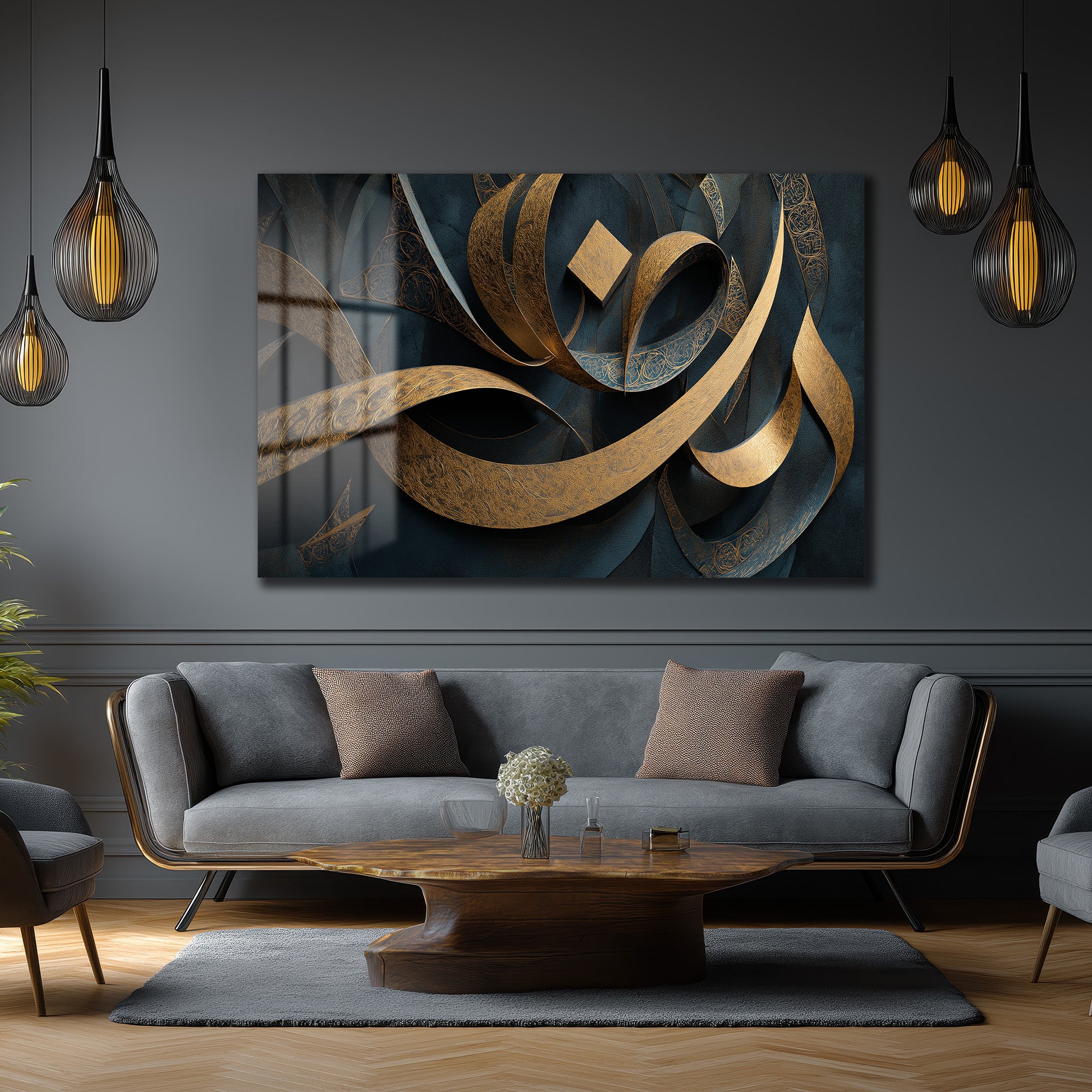 Altın Işıltılı Modern Hat Sanatı Cam Tablo