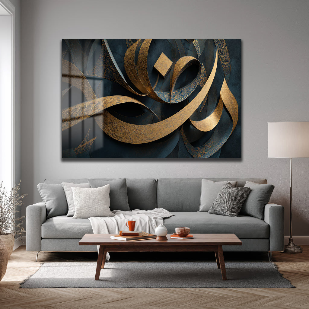 Altın Işıltılı Modern Hat Sanatı Cam Tablo