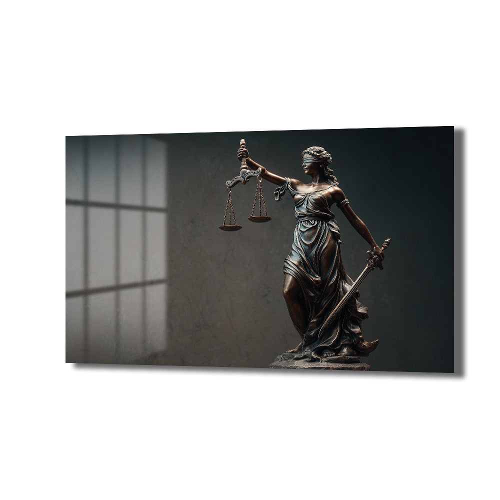 Gözleri bağlı, bir elinde terazi, diğer elinde kılıç tutan bronz renkli Adalet Tanrıçası Themis heykelinin koyu, dramatik bir arka plan önünde durduğu, pencere gölgelerinin yansıdığı sanatsal cam tablo.