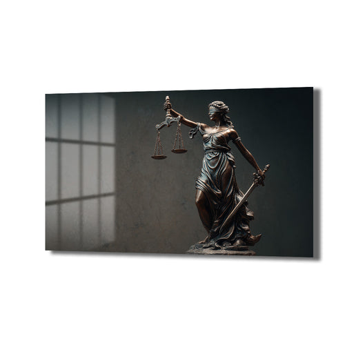 Gözleri bağlı, bir elinde terazi, diğer elinde kılıç tutan bronz renkli Adalet Tanrıçası Themis heykelinin koyu, dramatik bir arka plan önünde durduğu, pencere gölgelerinin yansıdığı sanatsal cam tablo.
