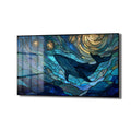 Stained-glass tarzında, mavi ve altın tonlarında, yıldızlı bir gökyüzünün altında yüzen bir balinayı gösteren modern cam tablo.