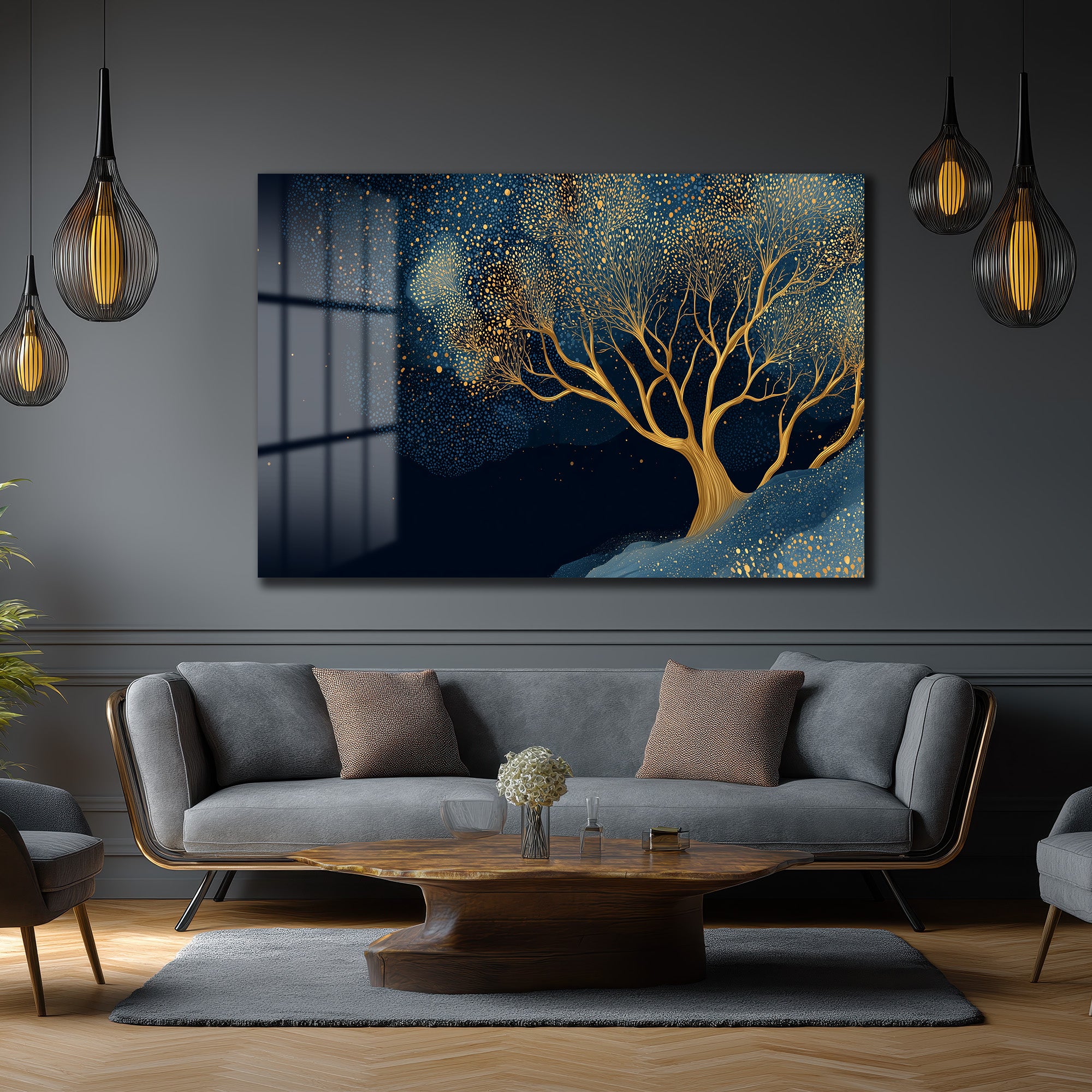 Büyülü Gece Ağacı Altın Işıltılı Modern Cam Tablo