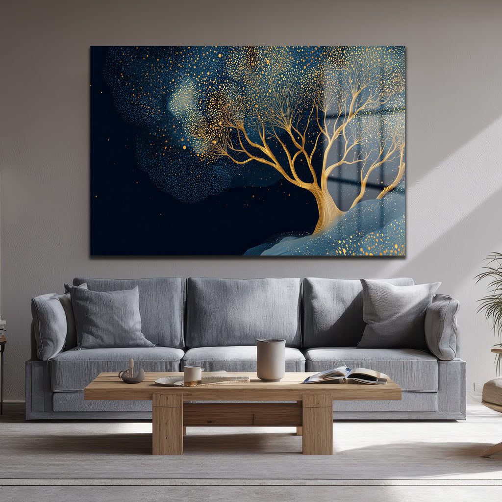 Büyülü Gece Ağacı Altın Işıltılı Modern Cam Tablo